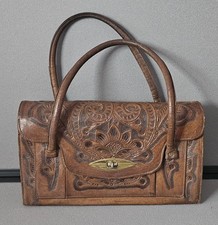 Vintage Brown Tooled Handcrafted Leather Satchel Handbag with Floral Design