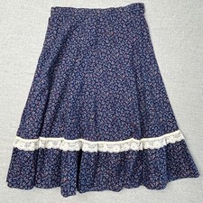 Vintage Prairie Skirt S Floral Lace Trim Blue Calico Cotton 28" Waist Handmade