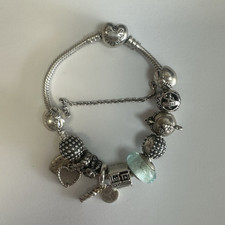 PANDORA Signed Silver Snake Chain Charm Bracelet Heart Barrel Clasp Blue Crystal