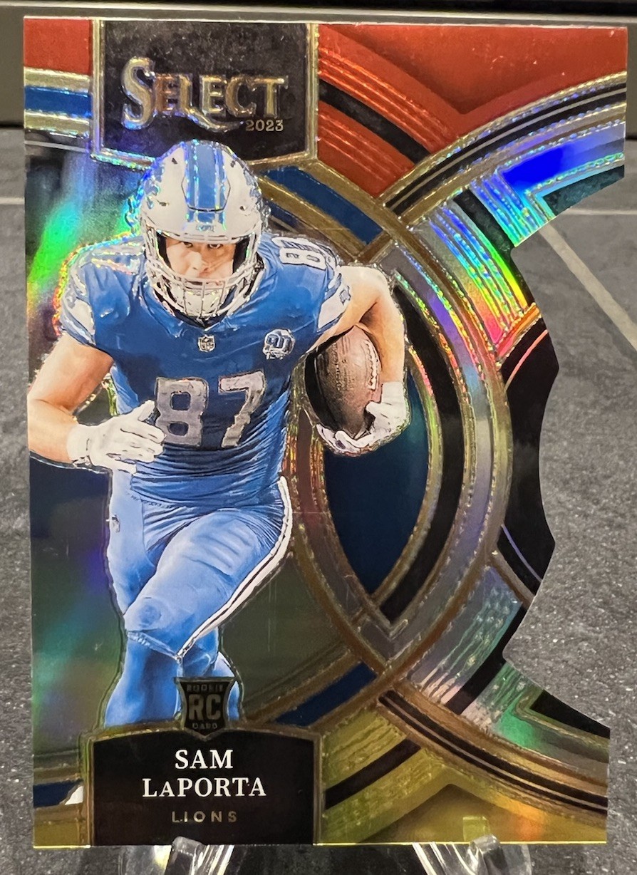 2023 Select - Premier Level Sam LaPorta #106 Red & Yellow Prizm Die-Cut (RC)