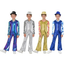 Kids Boys Disco Outfit Halloween Jumpsuit Front Costume Cha-Cha Dancewear Rave