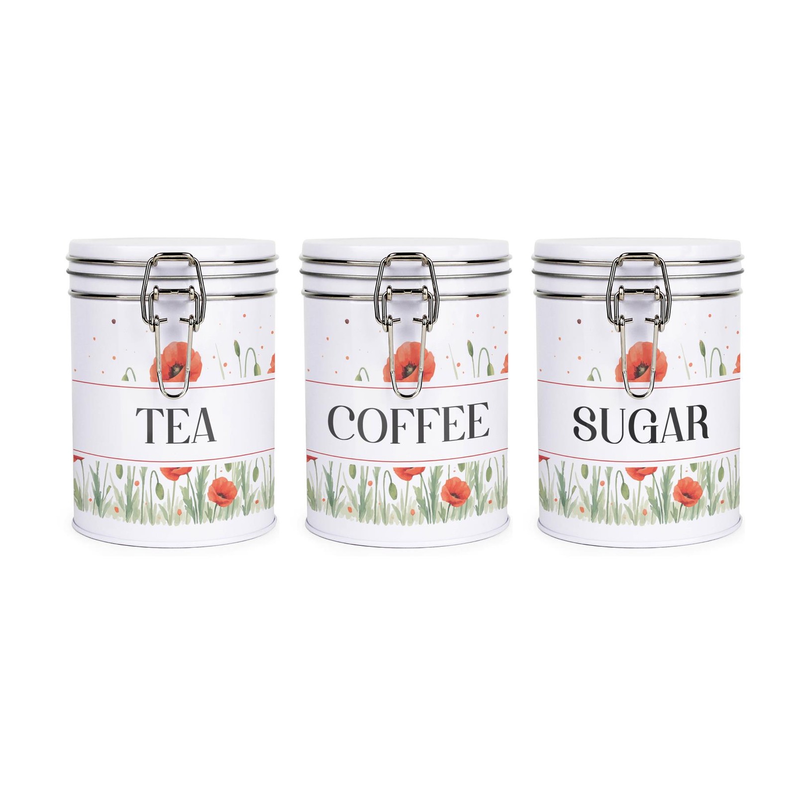 Red Poppies Tea, Coffee & Sugar Canisters - Metal Clip-Lid Kitchen Storage Gift