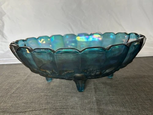 Vintage Indiana Glass Blue Carnival Glass Fruit Bowl 12" Iridescent Collectible