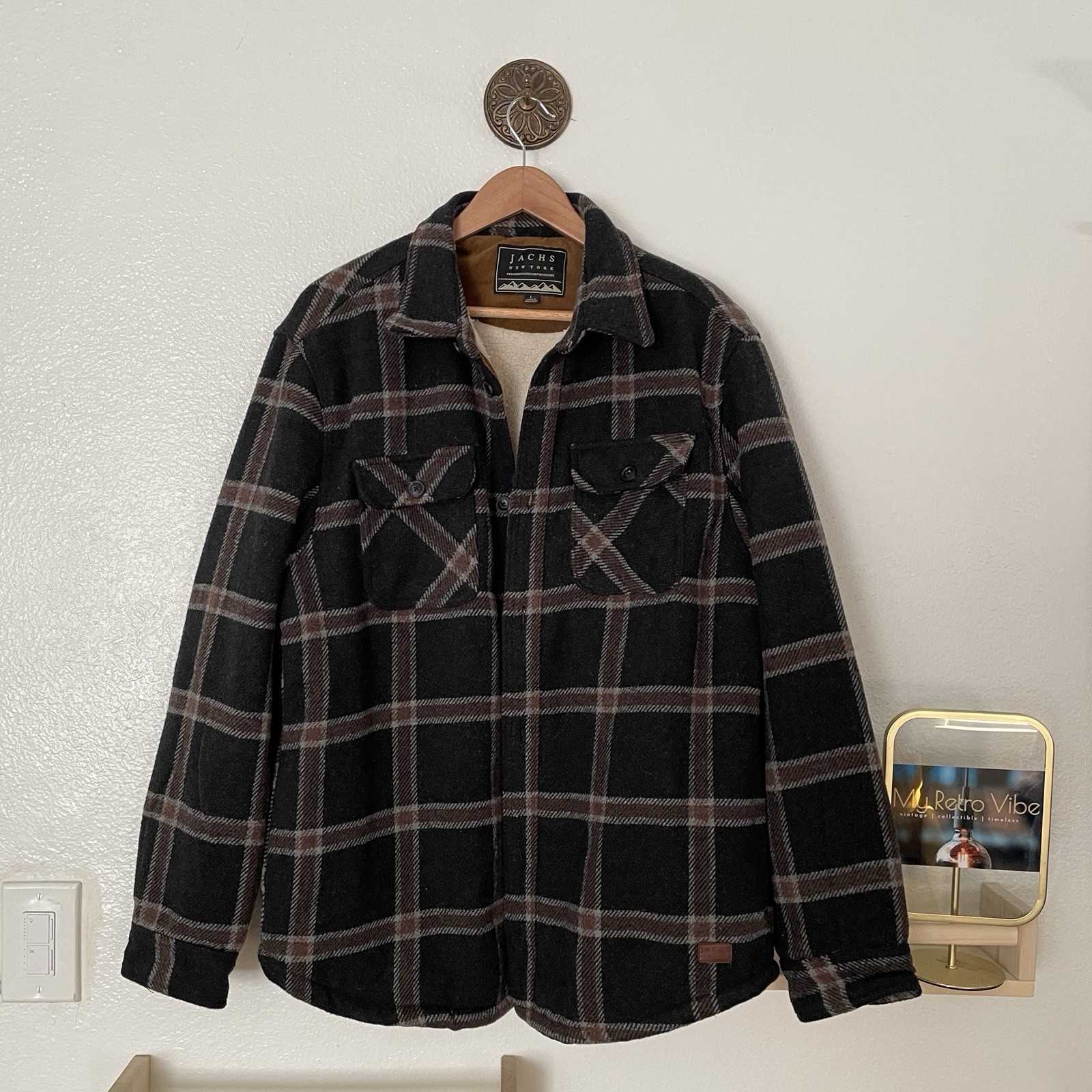 Jachs New York Men’s Polyester Wool Blend Sherpa Lined Plaid Shirt Jacket Large