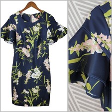 Tommy Hilfiger Party Dress 10 Sheath Navy Pink Floral Ruffle Sleeve Tropical