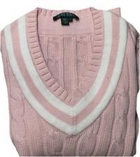 NWOT Stunning Lauren Ralph Lauren Women's VNeck Pale Pink Wh Stripe Sweater Lge