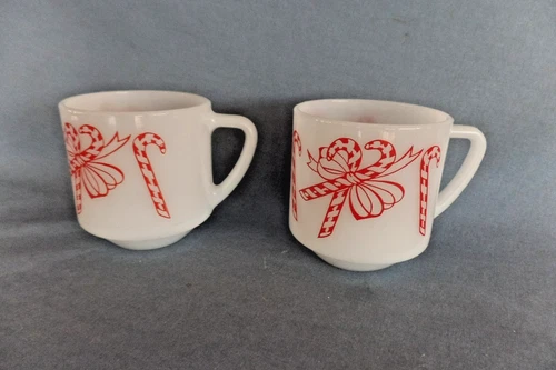Pair vintage Federal Candy Cane Milk Glass CHRISTMAS MUGS 3¼" tall Made in USA