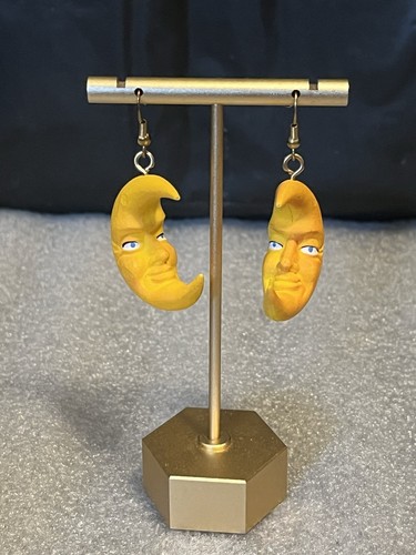 Vintage 80's Crescent Moon Earrings Yellow Gold Celestial Clay Lightweight