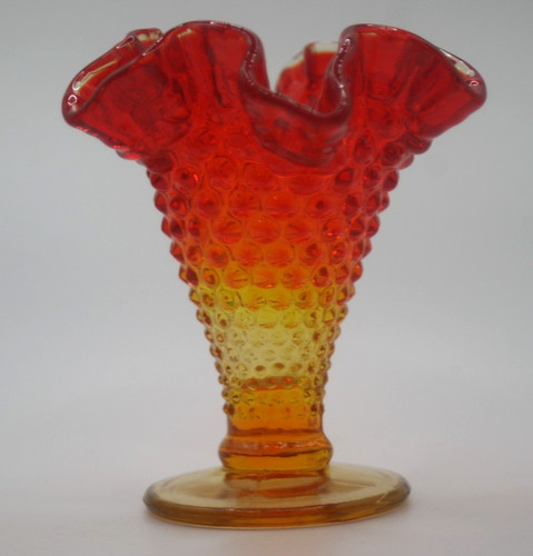 Fenton Amberina Hobnail Vase Ruffled Rim Pedestal Red to Yellow Vintage Glass