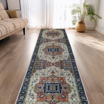 Custom Size Anti-Slip Canvas Back Chennile Pile Medallion Runner Rug by Feet