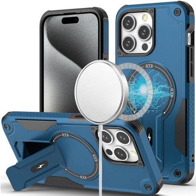 For iPhone 15 Pro Max Case Magnetic Circle Rugged Grip Stand + 2 Tempered Glass