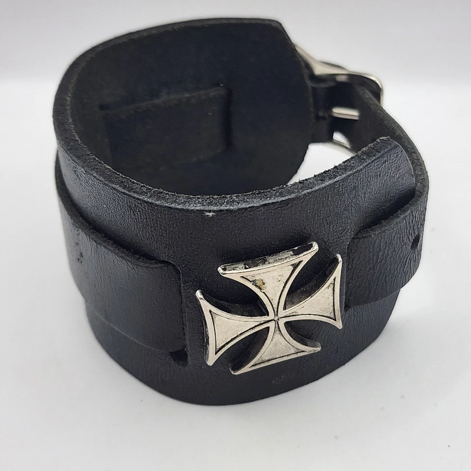 Black Leather Cuff Bracelet with Silver Cross Buckle Biker Rocker Goth - Image 2 of 4