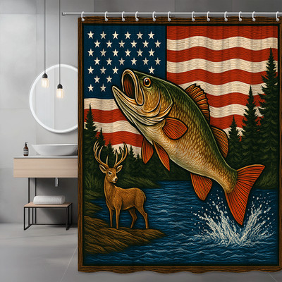 Rustic Fishing Shower Curtain with Deer and American Flag Design