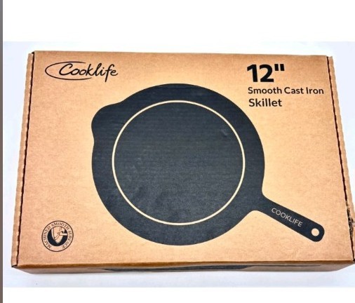 COOKLIFE 12 " Round Skillet NEW W/ Box Black  Handle Smooth Cast Iron 