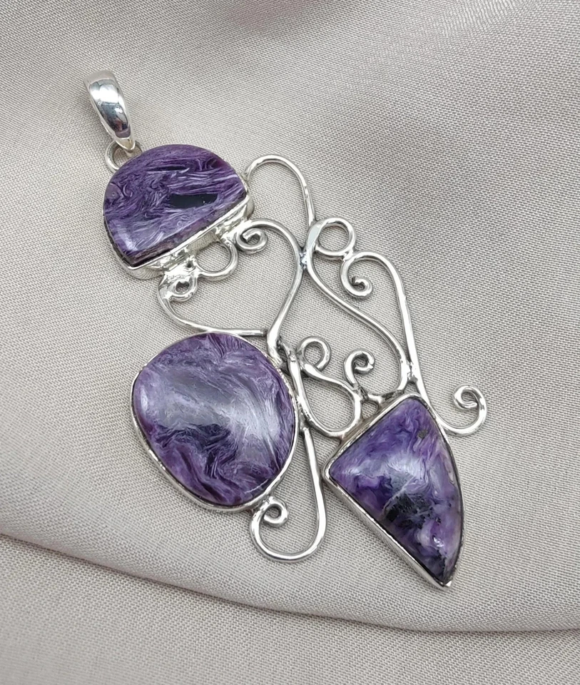 Naturale Charoite Fiore Ciondolo 925Sterling Argento 3-Stone Fatto a Mano Boho - Immagine 3 di 4