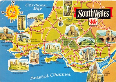 KARTE POSTKARTE SÜDWALES KONTINENTALGRÖSSE SEHR GUT
