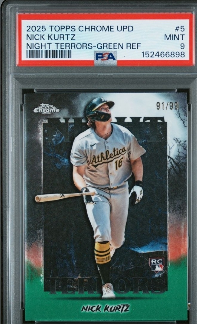 PSA 9 2025 Topps Chrome Update Night Terrors Green Refractor 91/99 Nick Kurtz RC