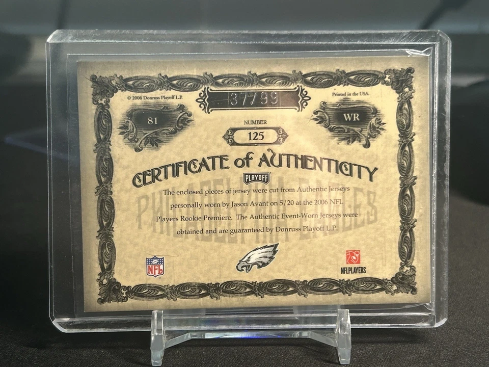 2006 DONRUSS PLAYOFF NATIONAL TREASURES JASON AVANT PATCH AUTO RC PRIME 37/99 - Image 2 of 2