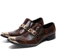 Men Real Leather Business Shoes Metal Pointy Toe Oxfords Slip On Snakeskin DIU