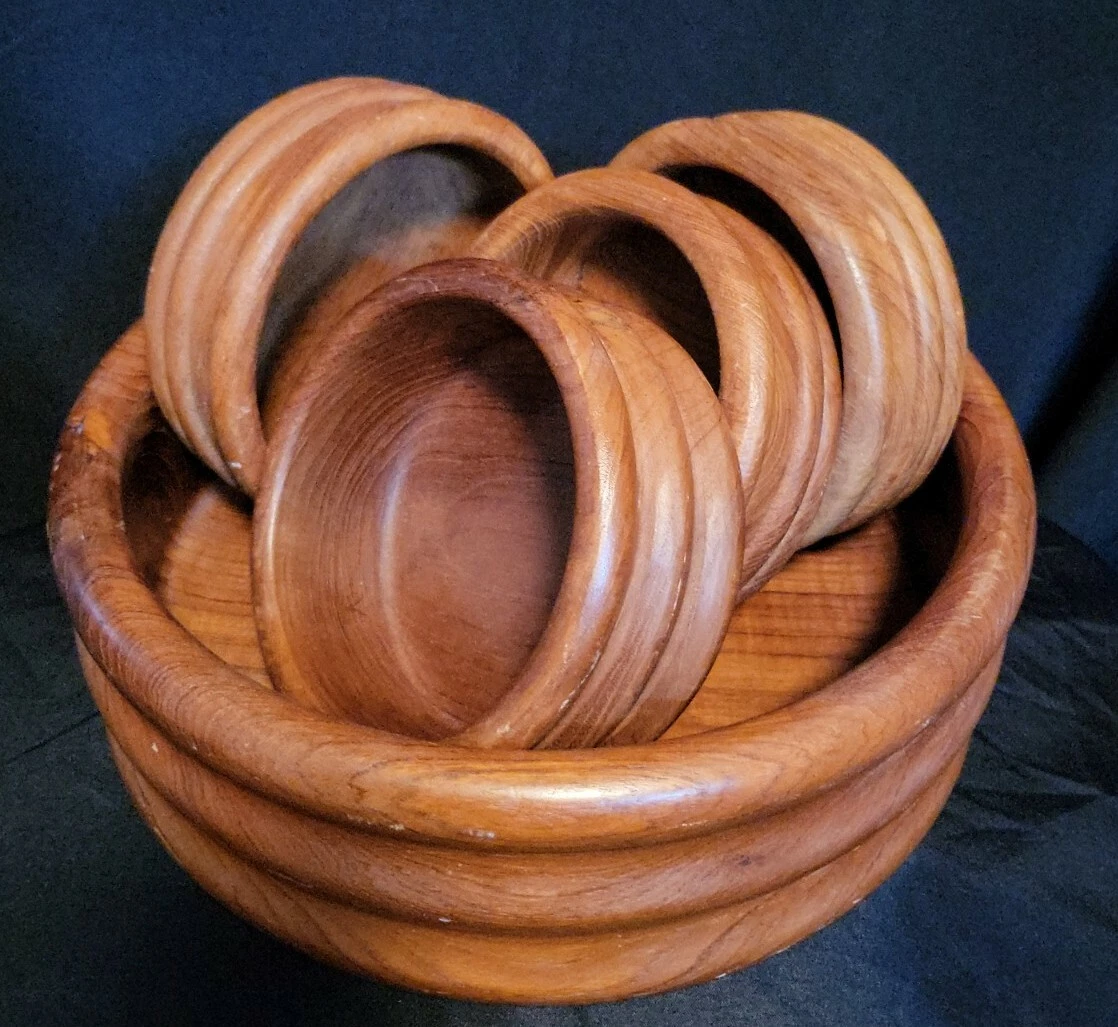 Vintage Dolphin Teakwood 5 piece Salad Bowl Set Made In Thailand