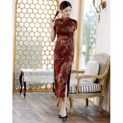 Mujeres Chino Tradicional Floral Satén Qipao Vestido Manga Corta Ajustado Cheongsam - Imagen 13 de 28