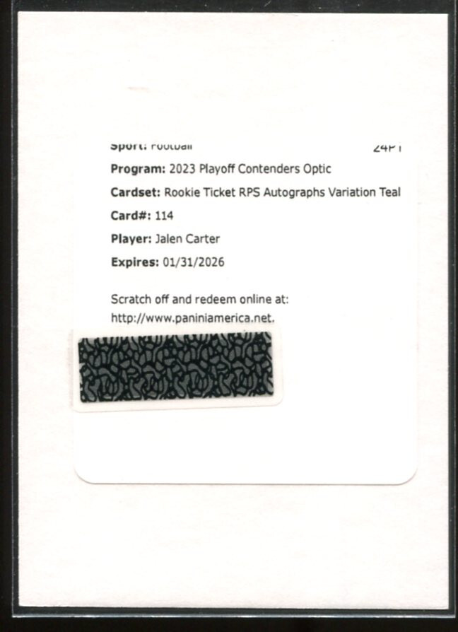 2023 CONTENDERS OPTIC RC #114 JALEN CARTER TEAL PRIZM VARIATION TICKET AUTO /75