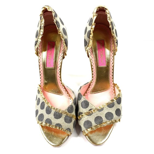 Betsey Johnson Damen hoher Absatz offene Zehenpartie Pumps gepunktet gold Leder 7,5 NEU - Bild 2 von 9