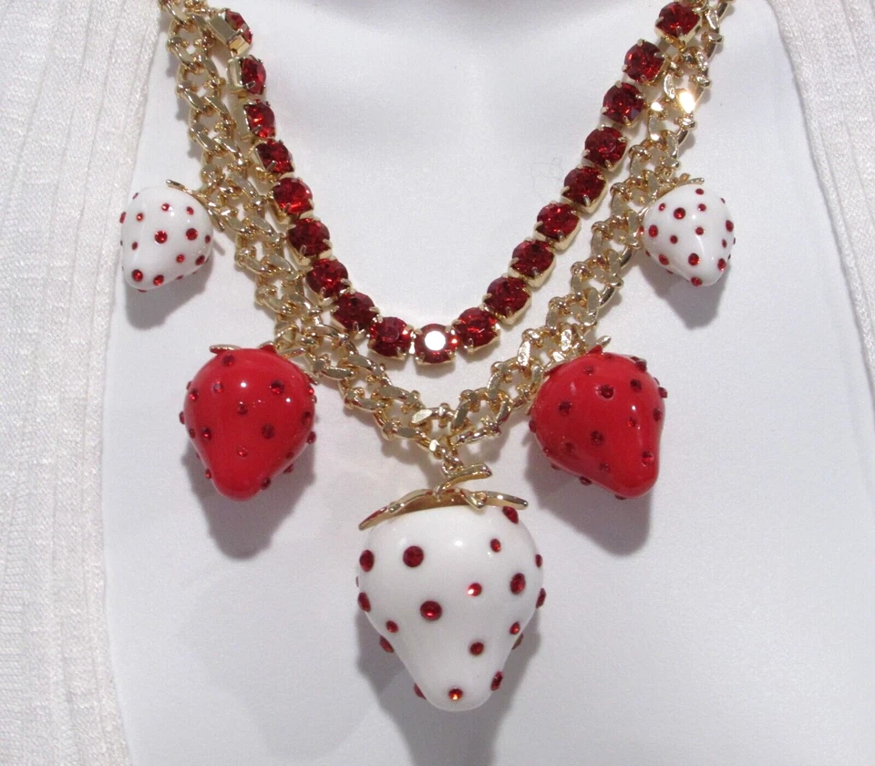 Betsey Johnson Strawberry Statement Necklace Rhinestone Gold tone Gift Box NWT