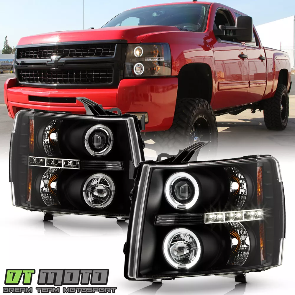 Blk 2007 2013 Chevy Silverado 1500 2500 3500 LED Halo Projector Headlights Lamps