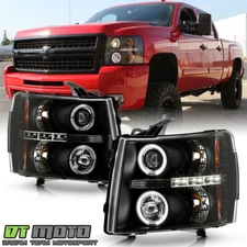 Blk 2007-2013 Chevy Silverado 1500/2500/3500 LED Halo Projector Headlights Lamps