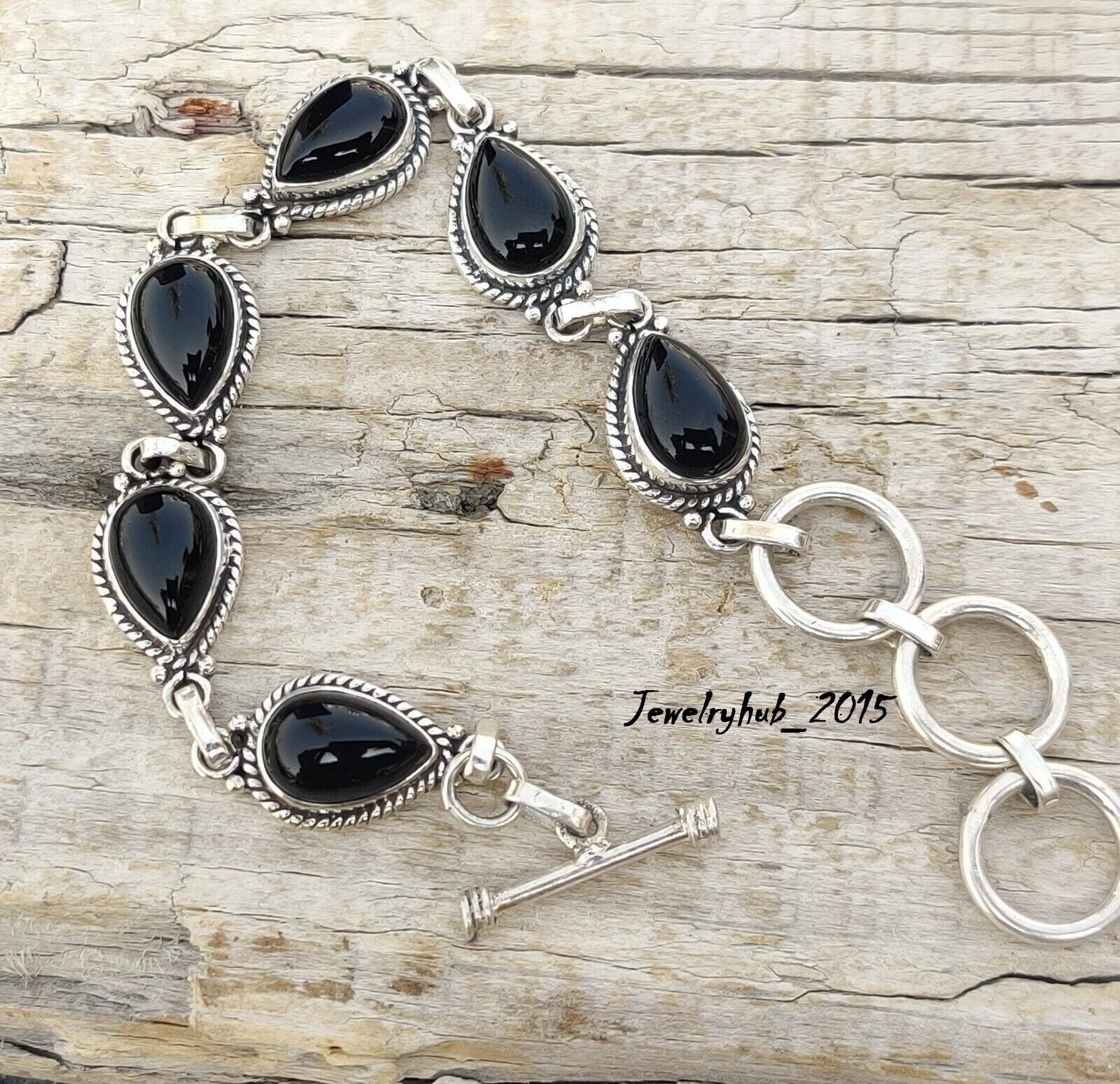 VALENTINO Bracciale Pietra Pregiata Onice Nero Argento Sterling 925 Fatto a Mano Donna SAQ02