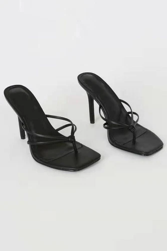 Damen-Sandalen quadratische Zehenpartie Flip-Flop hochhackig Pantoletten Slipper Party - Bild 6 von 7
