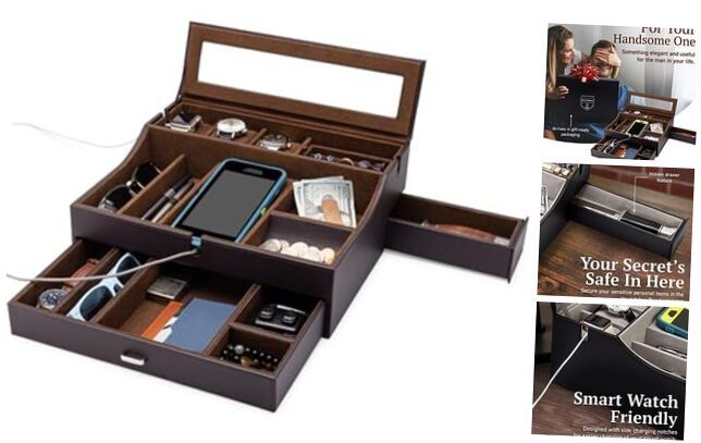 Men's Large Brown Leather Valet Box Organizer for Drawer Storage