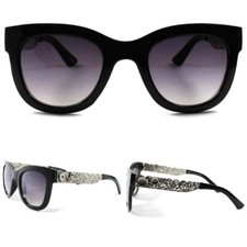 Stylish Silver Metal Etching Floral Arm Designer Modern Womens Black Sunglasses