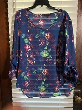 SIGNATURE STUDIO Blouse Women's XL Blue Floral Long Sleeve Shirt