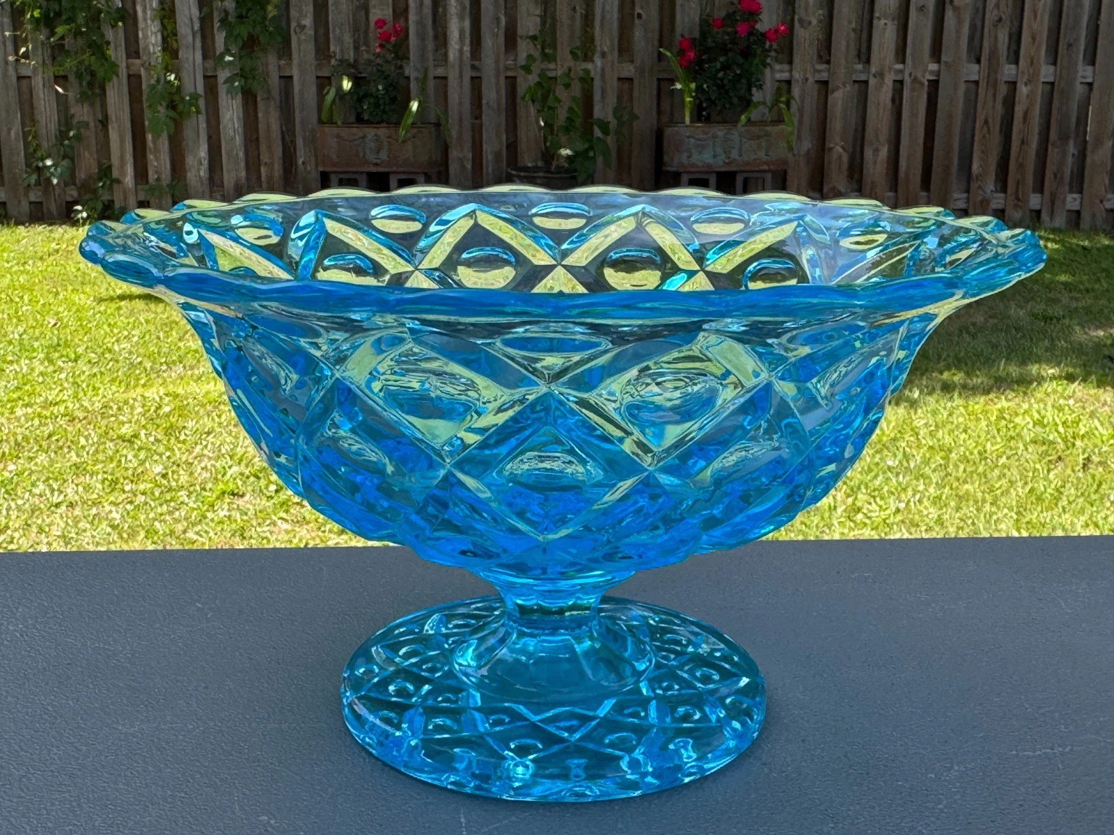 Vintage Sandwich Museum Viking Aqua Blue Glass Pedestal Fruit Bowl 5.5"T x 9.5"W