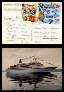 DR WHO 1980? TONGA TIN CAN ISLAND CANOE MAIL SHIP POSTCARD DIE CUT TO USA R82133