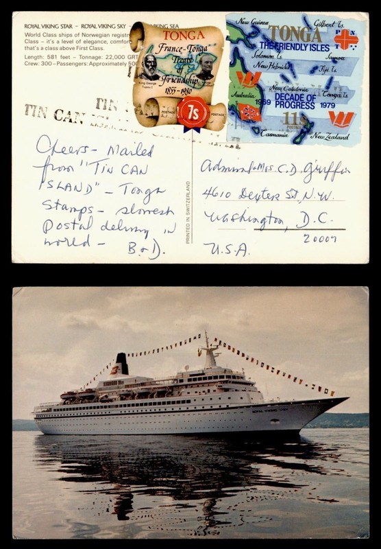 DR WHO 1980? TONGA TIN CAN ISLAND CANOE MAIL SHIP POSTCARD DIE CUT TO USA R82133