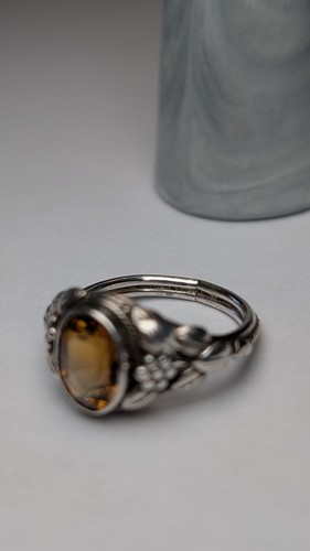 Vintage Sterling Silver Citrine Floral Ring | Size Q 1/2 | 925 Silver - Afbeelding 3 van 10