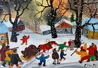 Naiv Unleserlich  Winterdorf mit Schlitten und Baer Osteuropa Naive Kunst 1997 - Bild 1 von 4