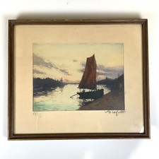 Manuel Robbe Alphonse Lafitte Sailboat Artist Signed Etching Aquatint 1920s 5x7”