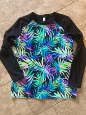 Womens Sonnet Shores Black Tropical Leaf Print Long Sleeve Sun Shirt Size Small