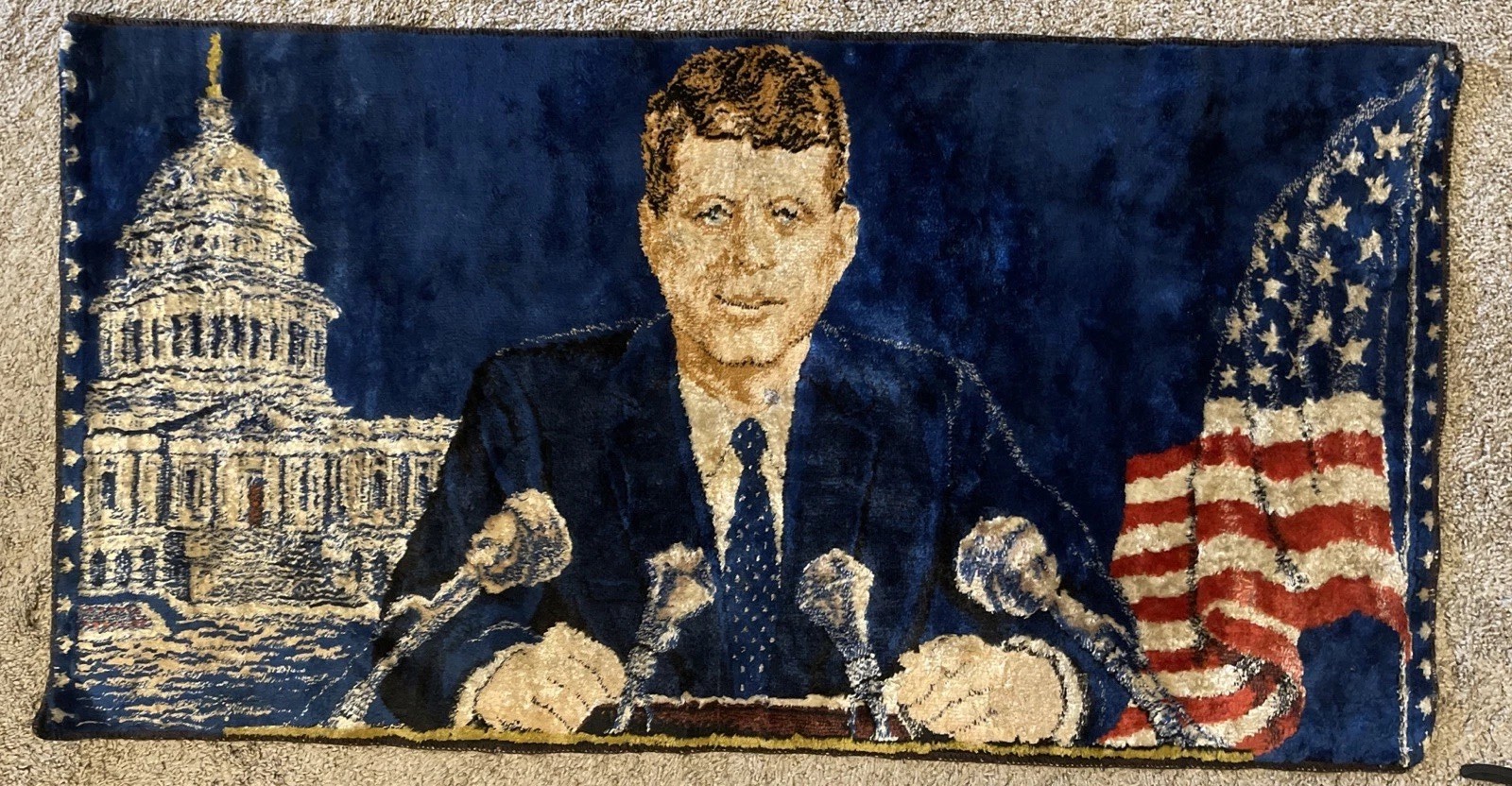 1960s President John F Kennedy Tapestry Wall Rug -38x 19 1/2 Inches Rare Vintage