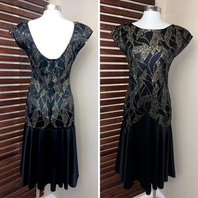 1980s 80s Vintage Karat Club Black & Gold Glitter Sparkly Dance Evening Dress