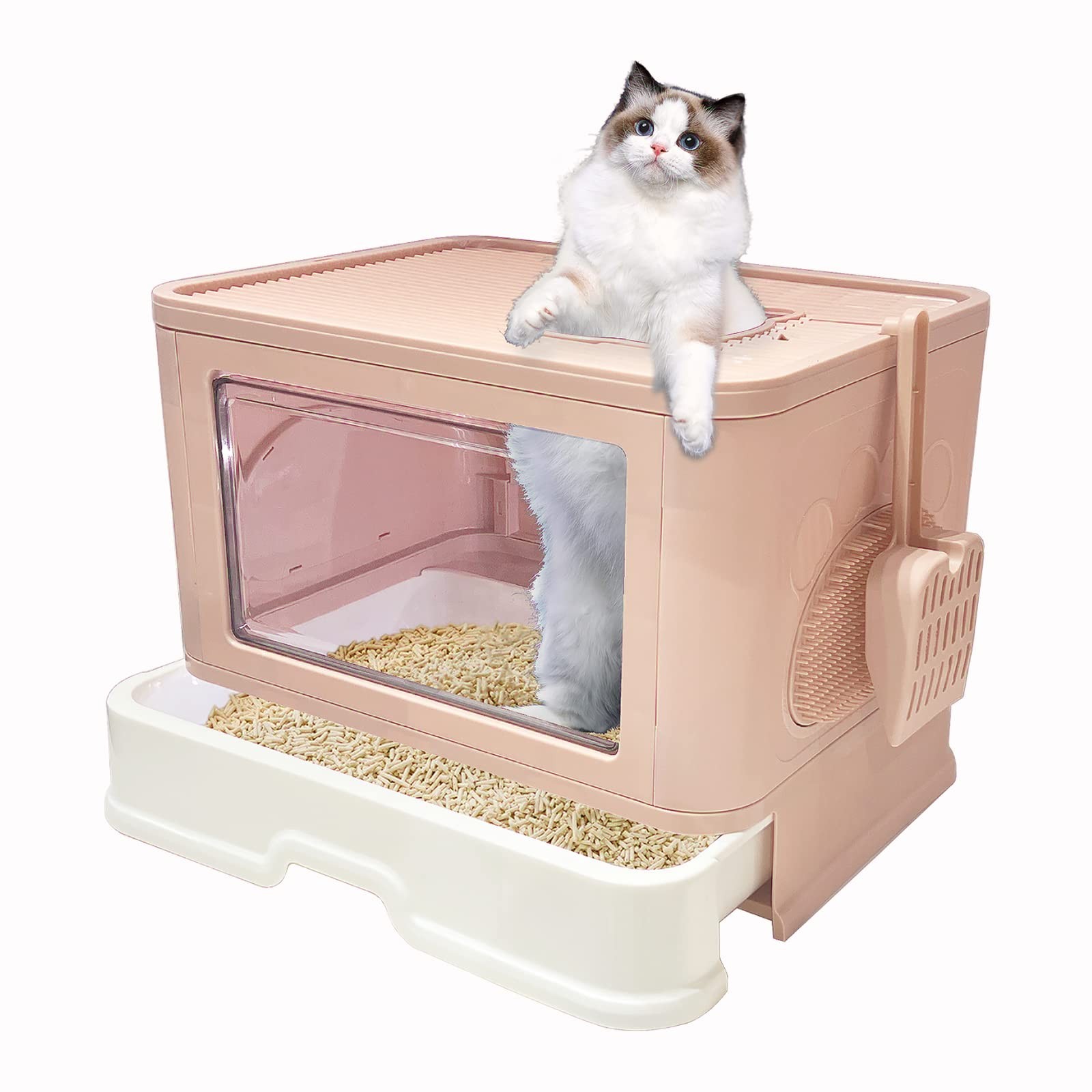 Foldable Enclosed Top Entry Cat - Extra Large Covered Cat Litter with Litter ...