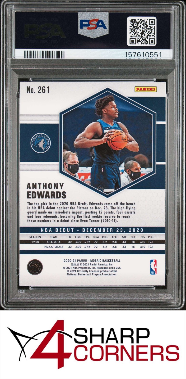 2020 PANINI MOSAIC #261 ANTHONY EDWARDS RC TIMBERWOLVES PSA 10 view 2