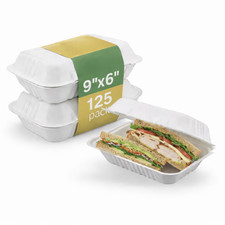 Bagasse Hinged Container, White, PFAS FREE, 9" x 6", 125pcs