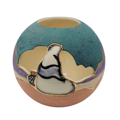 Southwestern Pottery Vase 22k Gold Inlay Cut-out Textured Vera Russell Signed