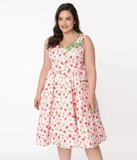 Unique Vintage Pink Green Red Strawberry Fruit Syracuse Swing Dress L