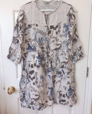 LUNGO LARNO Women Floral Linen Eyelet Trim Peasant Country Resort Casual Dress L
